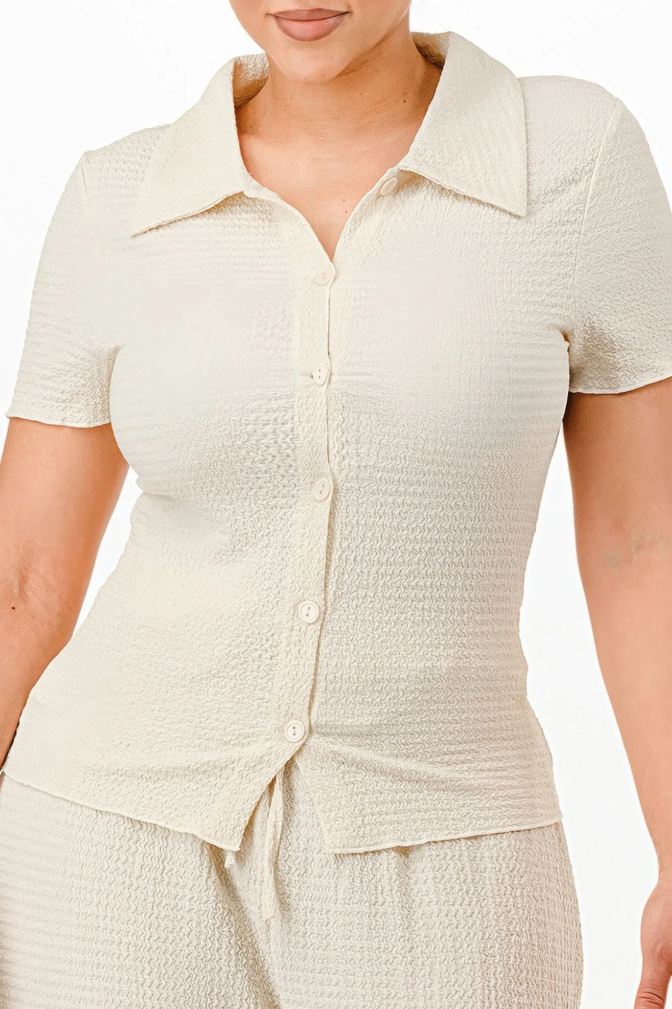 Beige Textured Polo Top And Pants Set