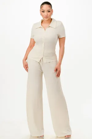 Beige Textured Polo Top And Pants Set