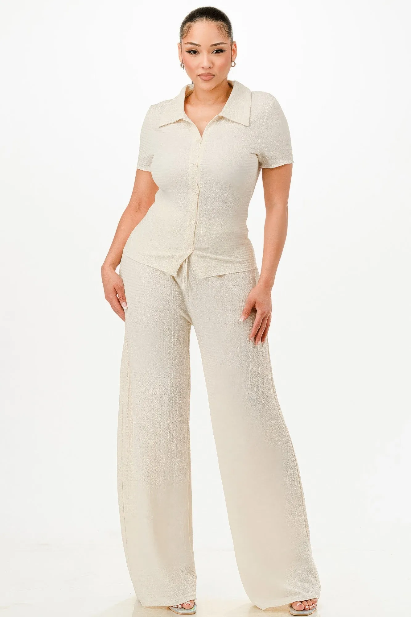 Beige Textured Polo Top And Pants Set