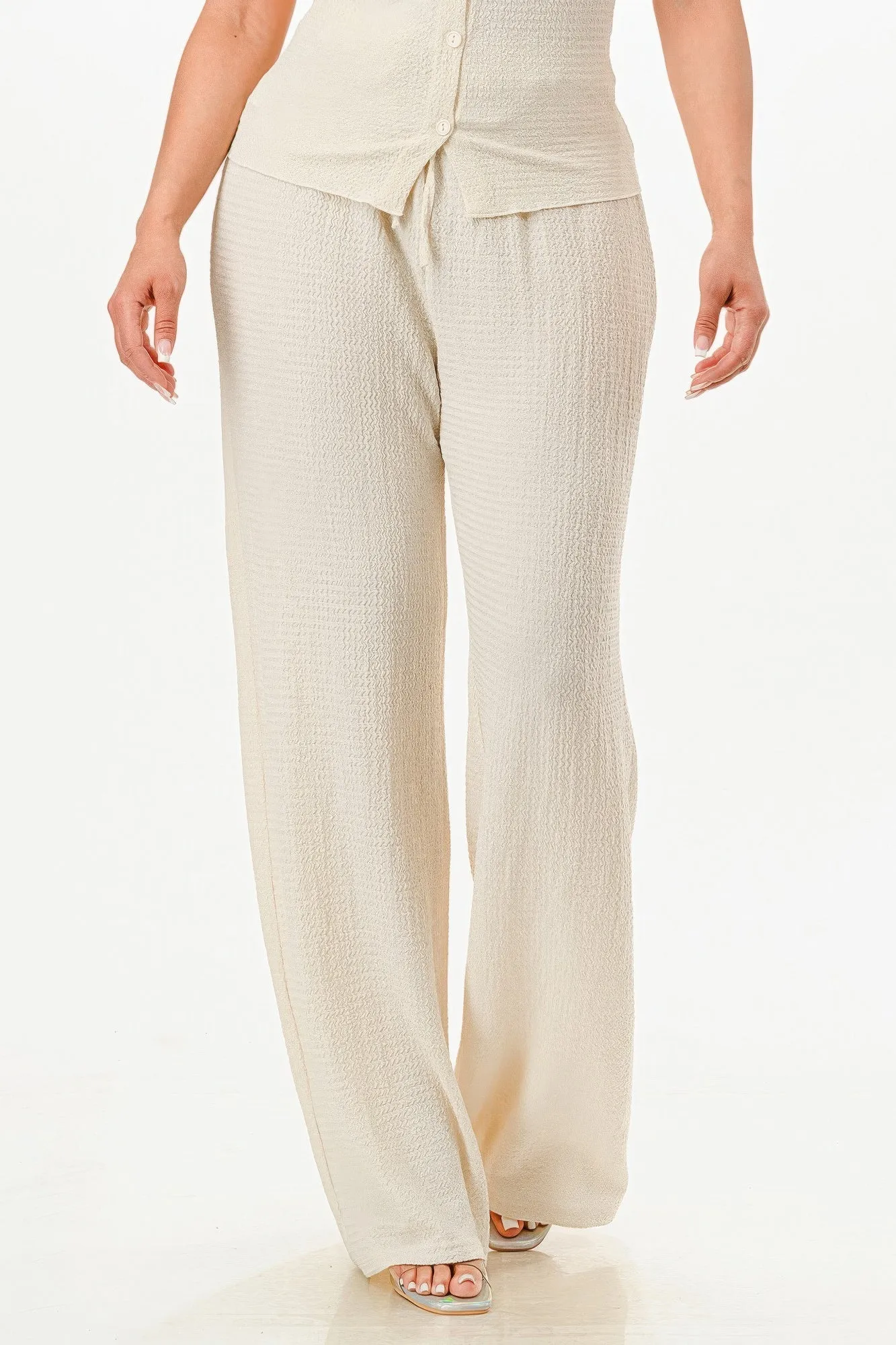 Beige Textured Polo Top And Pants Set