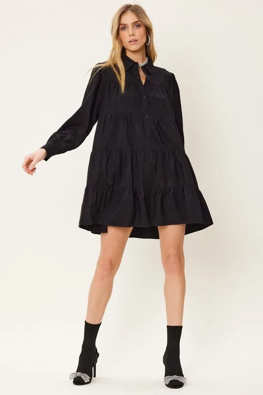Black Button Down Tiered Shirt Mini Dress
