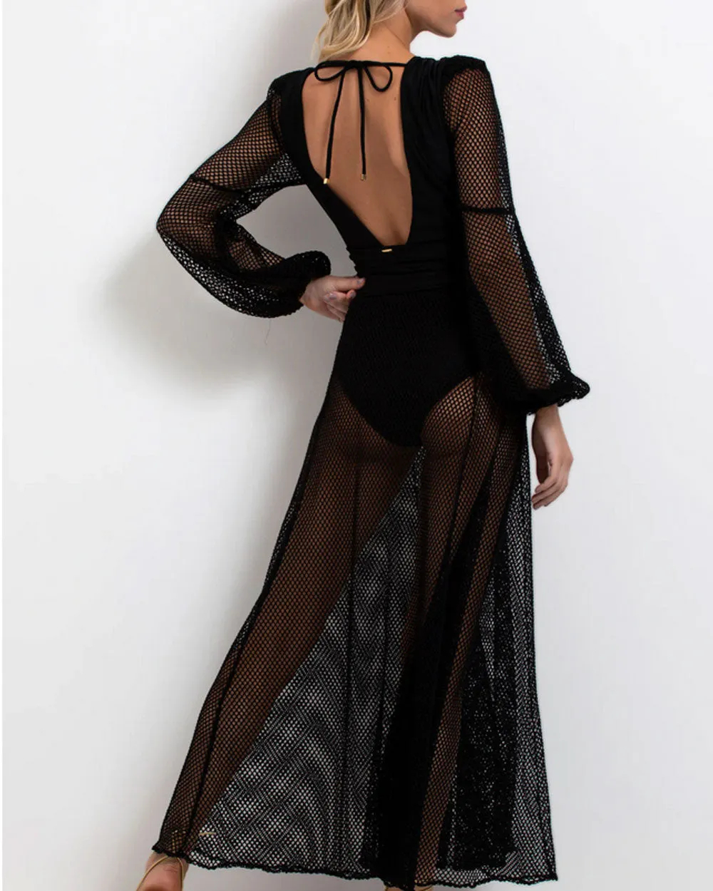 Black Plunge Neck Net Beach Maxi Dress