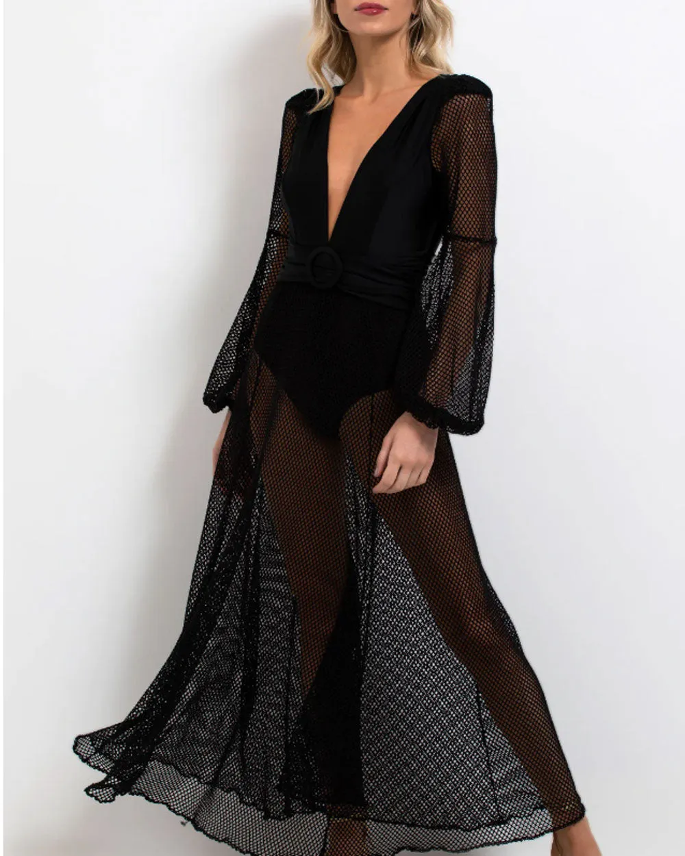 Black Plunge Neck Net Beach Maxi Dress