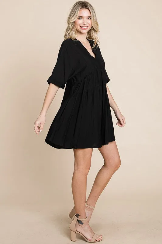 Black Tiered Dolman Sleeve V neck Babydoll Dress