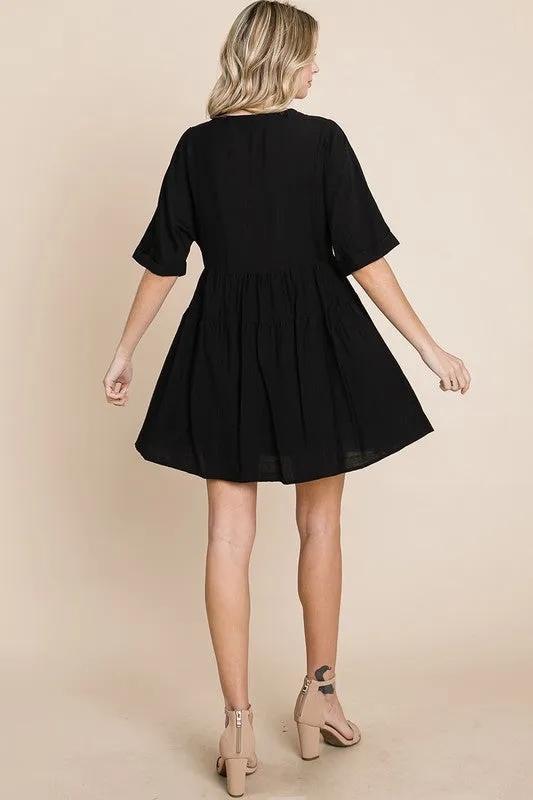 Black Tiered Dolman Sleeve V neck Babydoll Dress