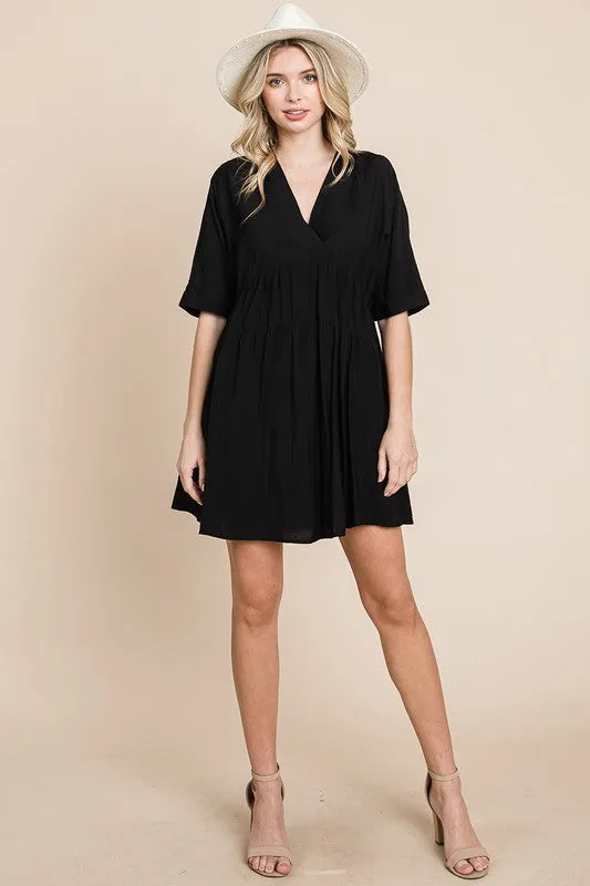Black Tiered Dolman Sleeve V neck Babydoll Dress