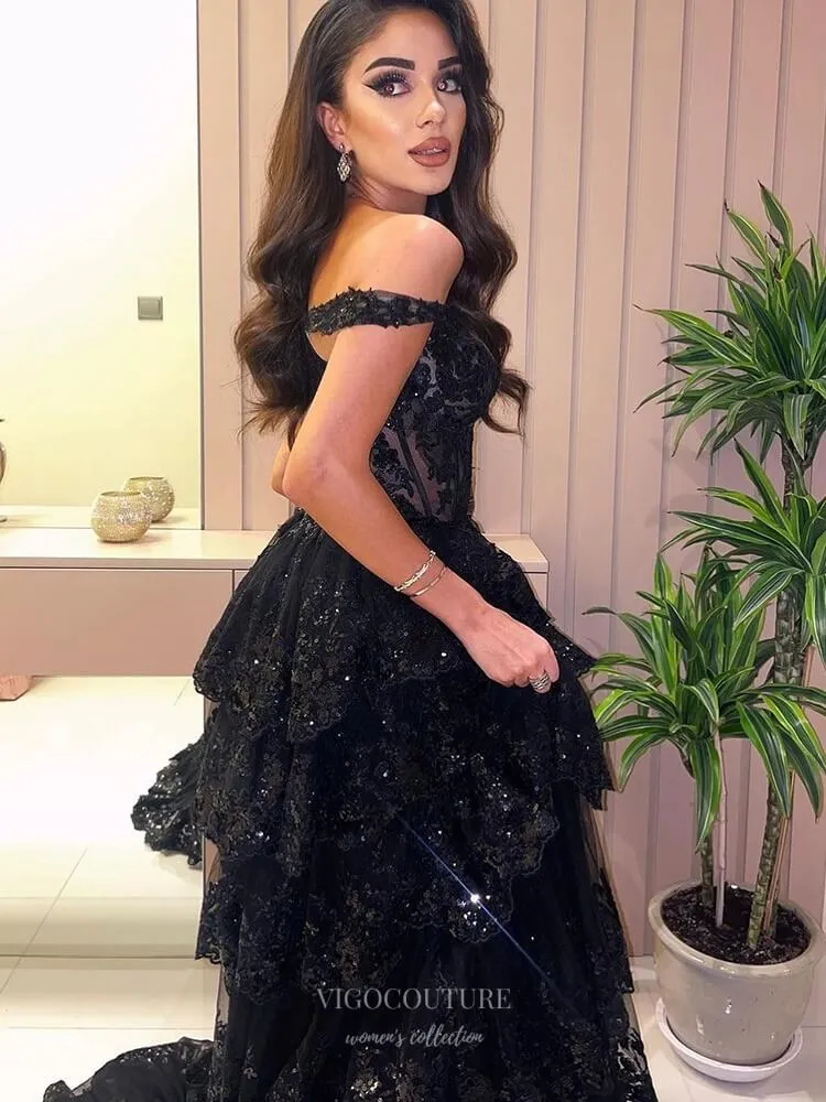 Black Tiered Lace Prom Dresses Sparkly Off the Shoulder Pageant Dress 25016