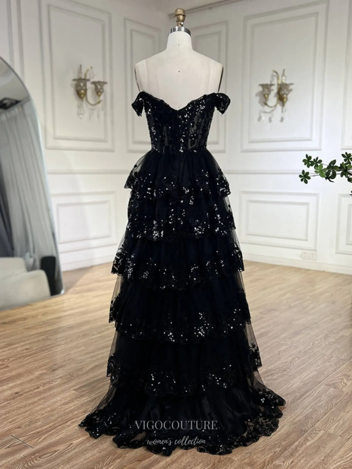 Black Tiered Lace Prom Dresses Sparkly Off the Shoulder Pageant Dress 25016