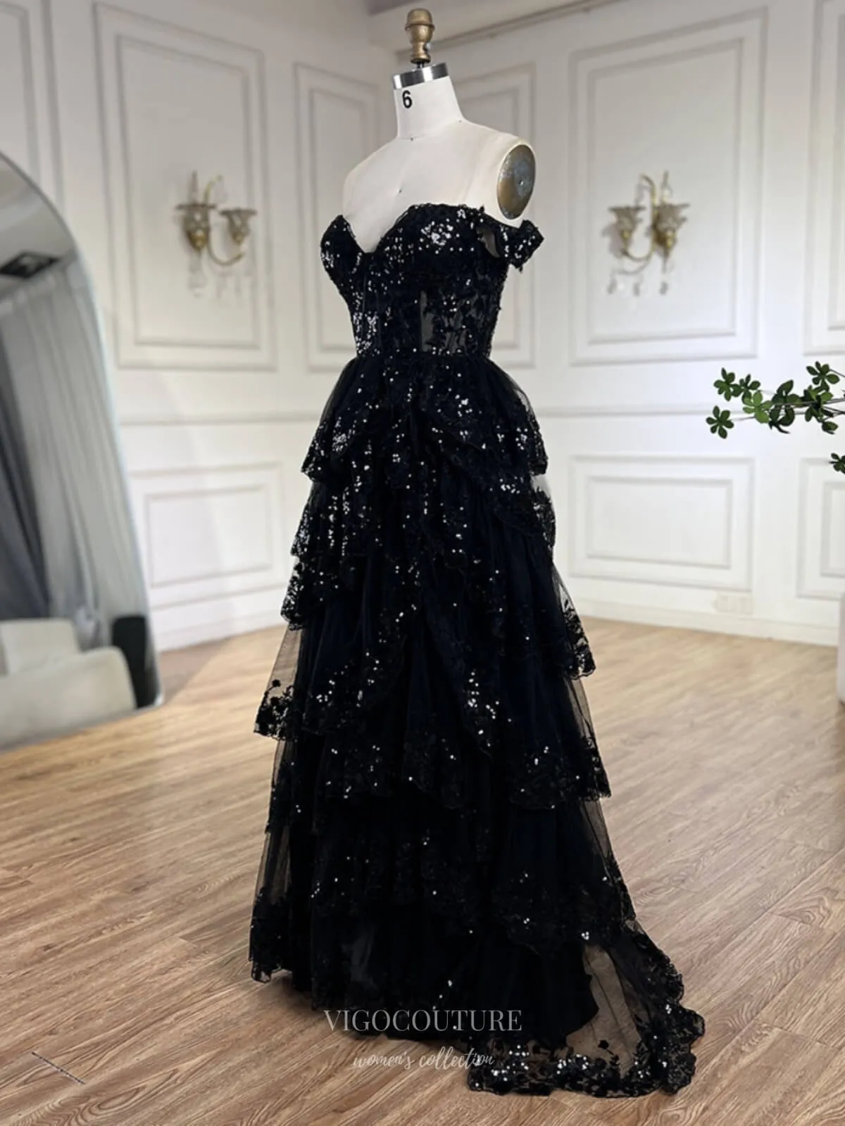 Black Tiered Lace Prom Dresses Sparkly Off the Shoulder Pageant Dress 25016