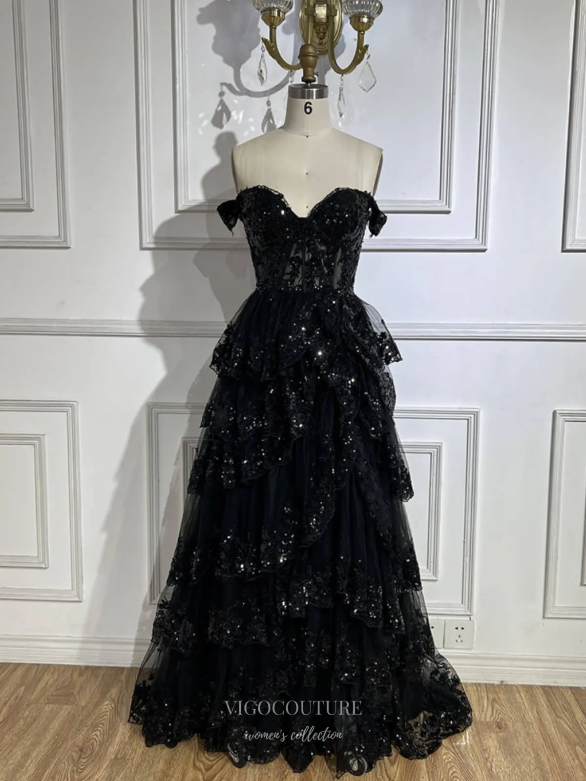 Black Tiered Lace Prom Dresses Sparkly Off the Shoulder Pageant Dress 25016