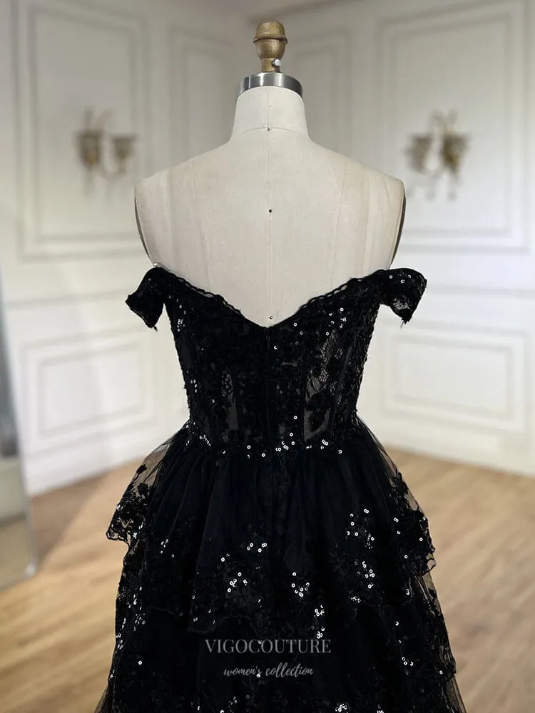 Black Tiered Lace Prom Dresses Sparkly Off the Shoulder Pageant Dress 25016