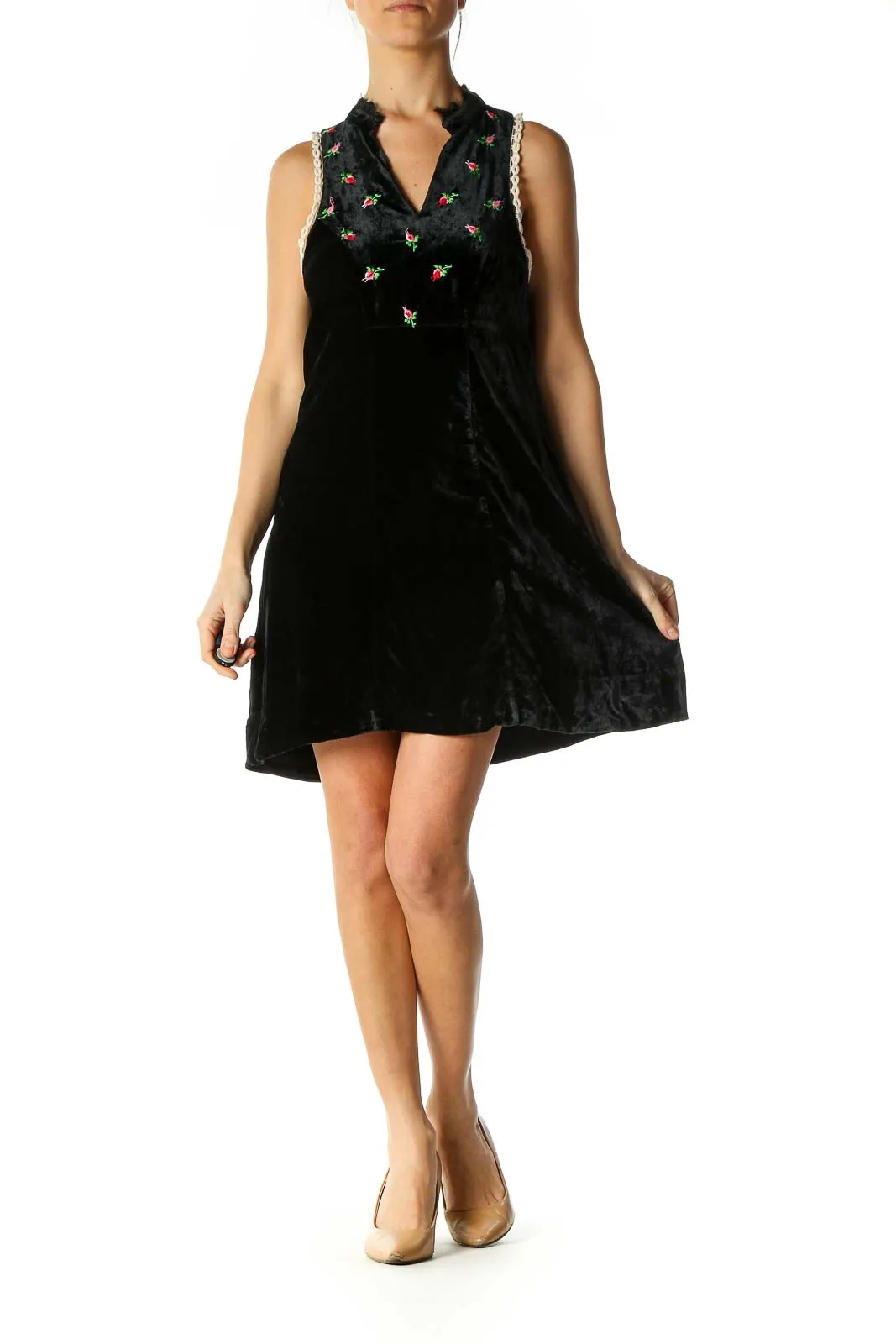 Black Velvet Embroidered Mini Dress