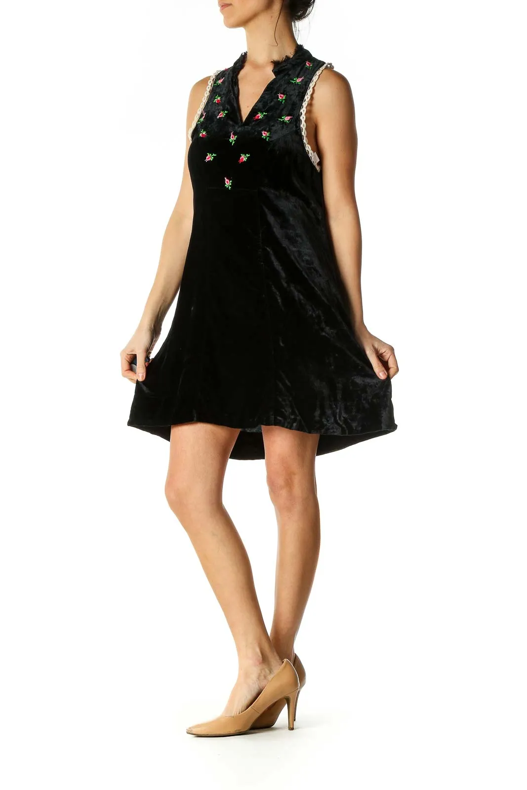 Black Velvet Embroidered Mini Dress