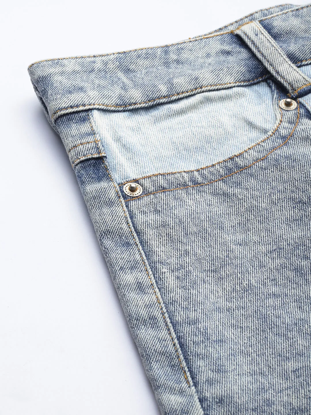 Blue & Ivory Color Block High Waist Denim Shorts
