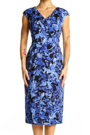 Blue Floral Cap Sleeve Sheath Dress