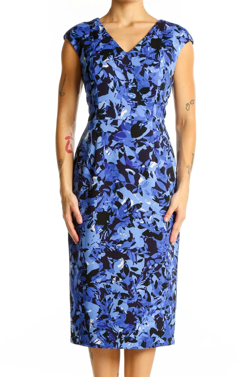 Blue Floral Cap Sleeve Sheath Dress