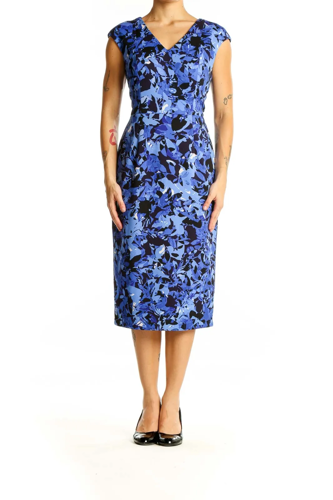 Blue Floral Cap Sleeve Sheath Dress