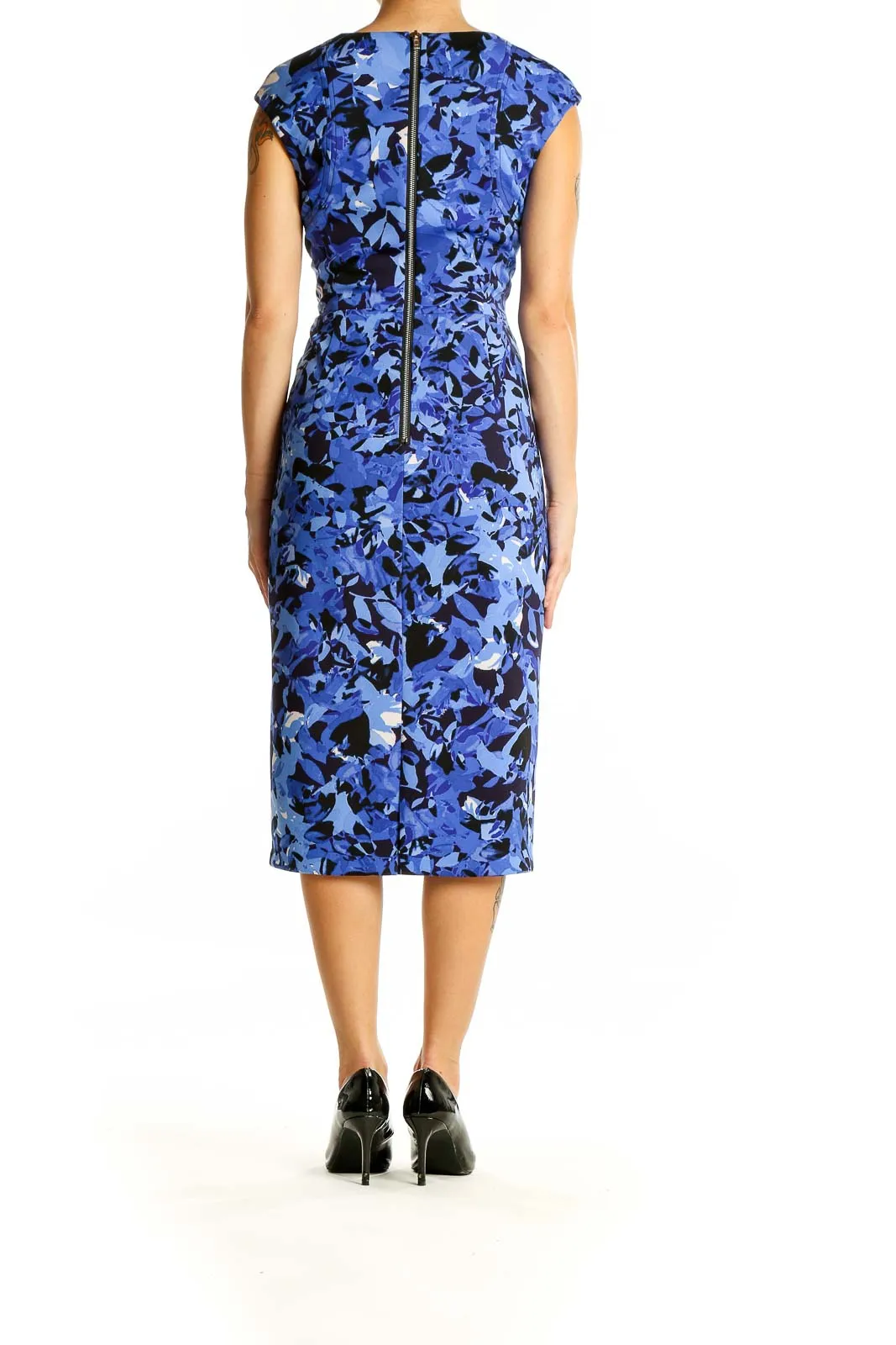 Blue Floral Cap Sleeve Sheath Dress