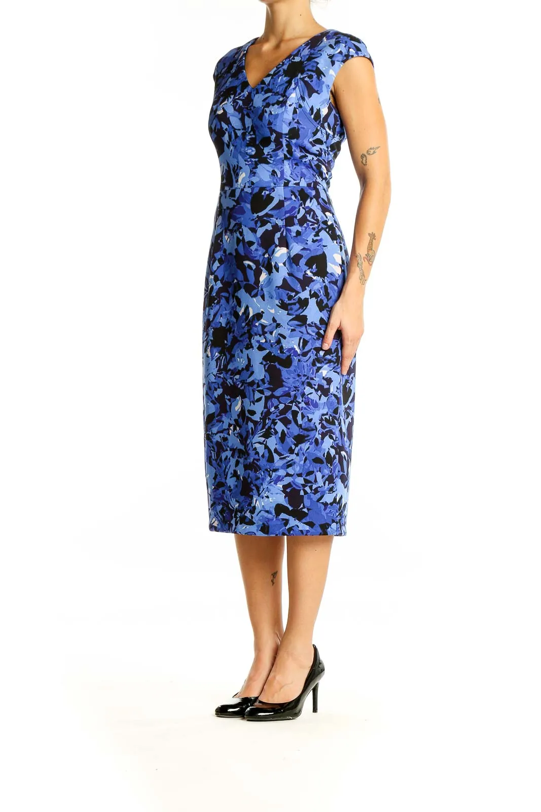 Blue Floral Cap Sleeve Sheath Dress