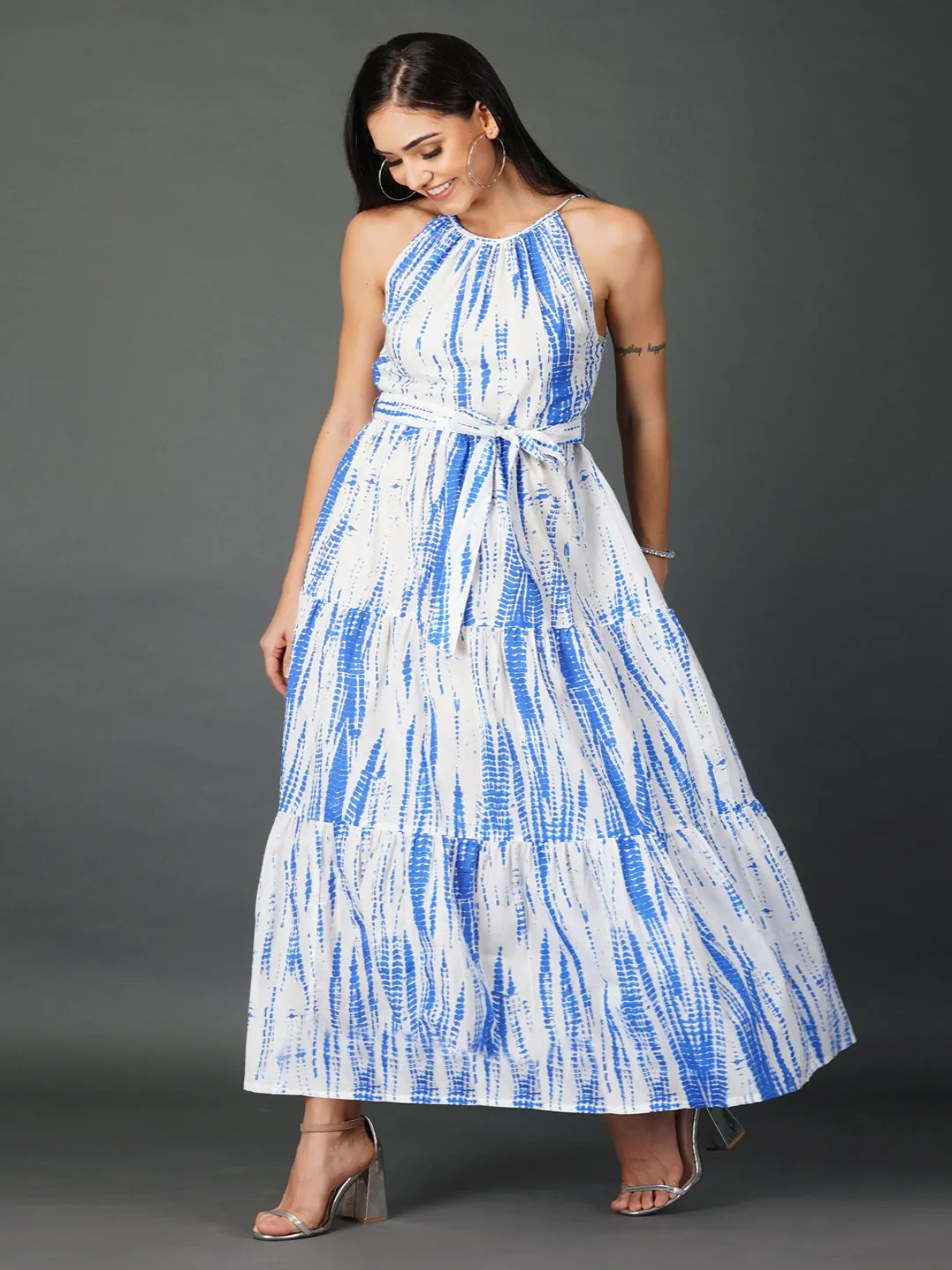 Blue Shibori Print Tiered Dress