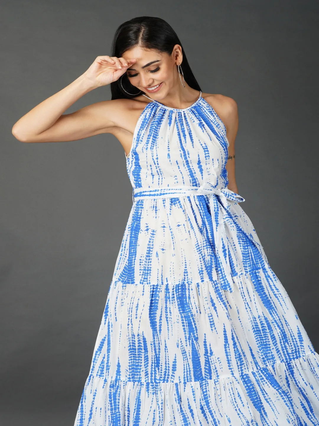 Blue Shibori Print Tiered Dress