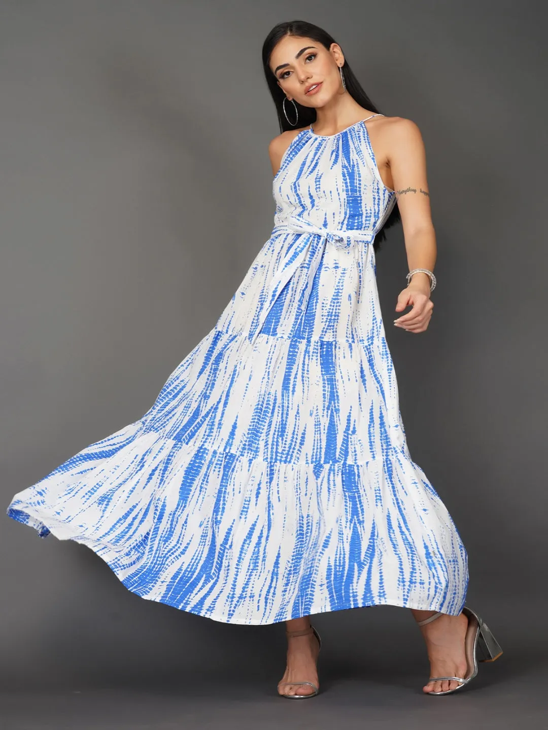 Blue Shibori Print Tiered Dress
