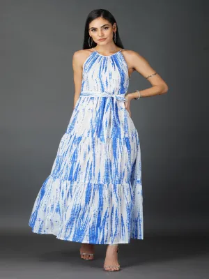 Blue Shibori Print Tiered Dress