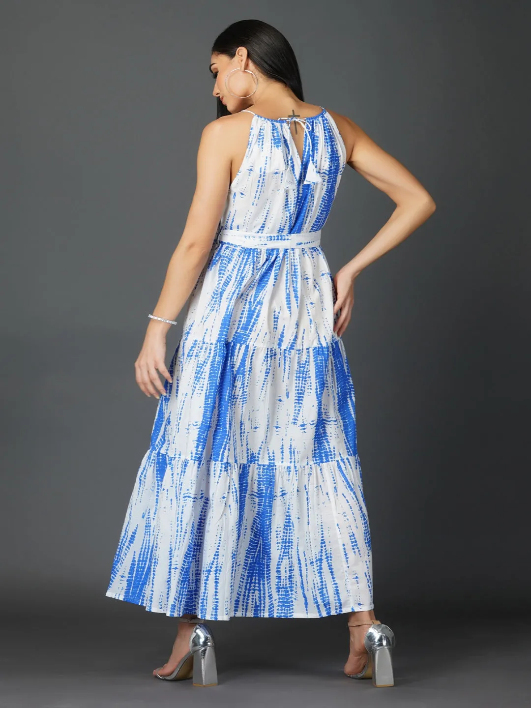 Blue Shibori Print Tiered Dress