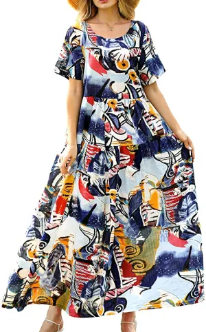 Blue White Flower Women Casual Loose Bohemian Floral Dress with Pockets Short Sleeve Long Maxi Summer Beach Swing Dress - Yesno