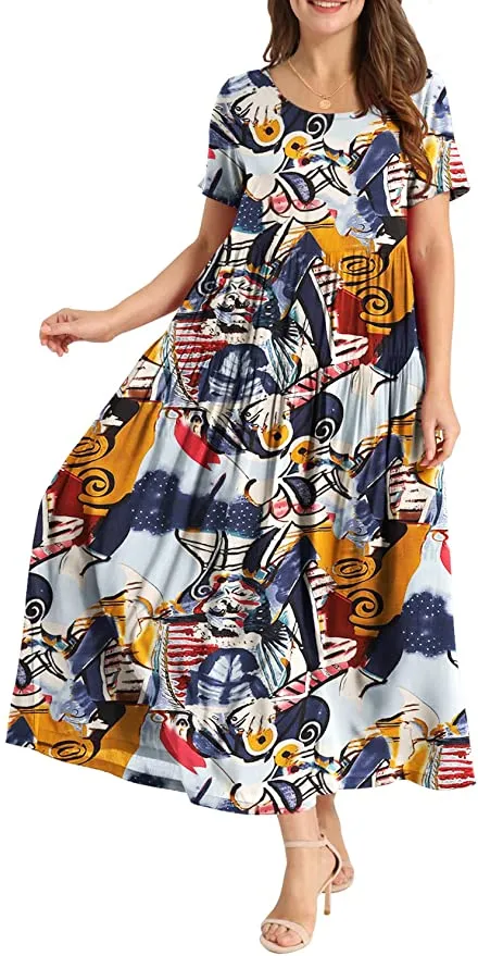 Blue White Flower Women Casual Loose Bohemian Floral Dress with Pockets Short Sleeve Long Maxi Summer Beach Swing Dress - Yesno