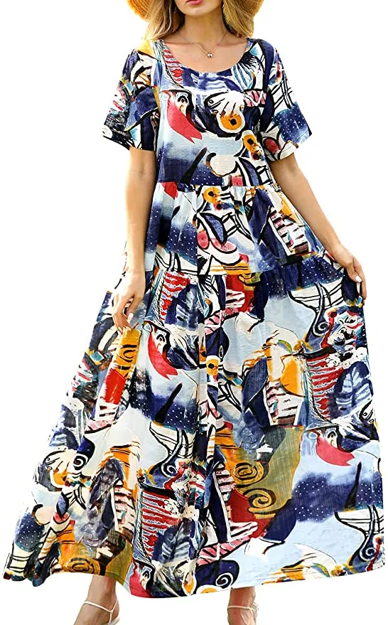 Blue White Flower Women Casual Loose Bohemian Floral Dress with Pockets Short Sleeve Long Maxi Summer Beach Swing Dress - Yesno