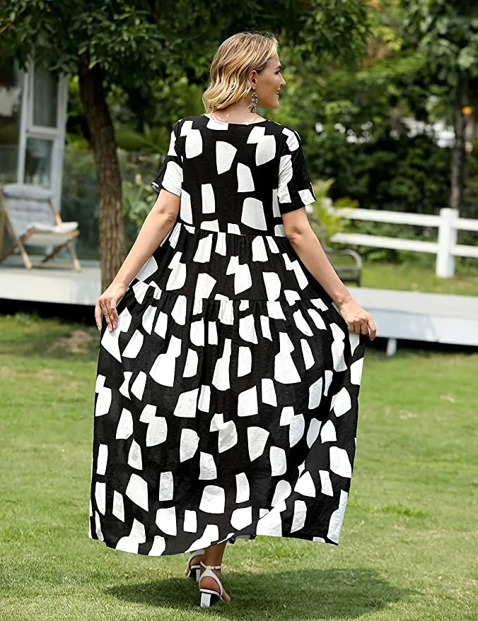 Blue White Flower Women Casual Loose Bohemian Floral Dress with Pockets Short Sleeve Long Maxi Summer Beach Swing Dress - Yesno