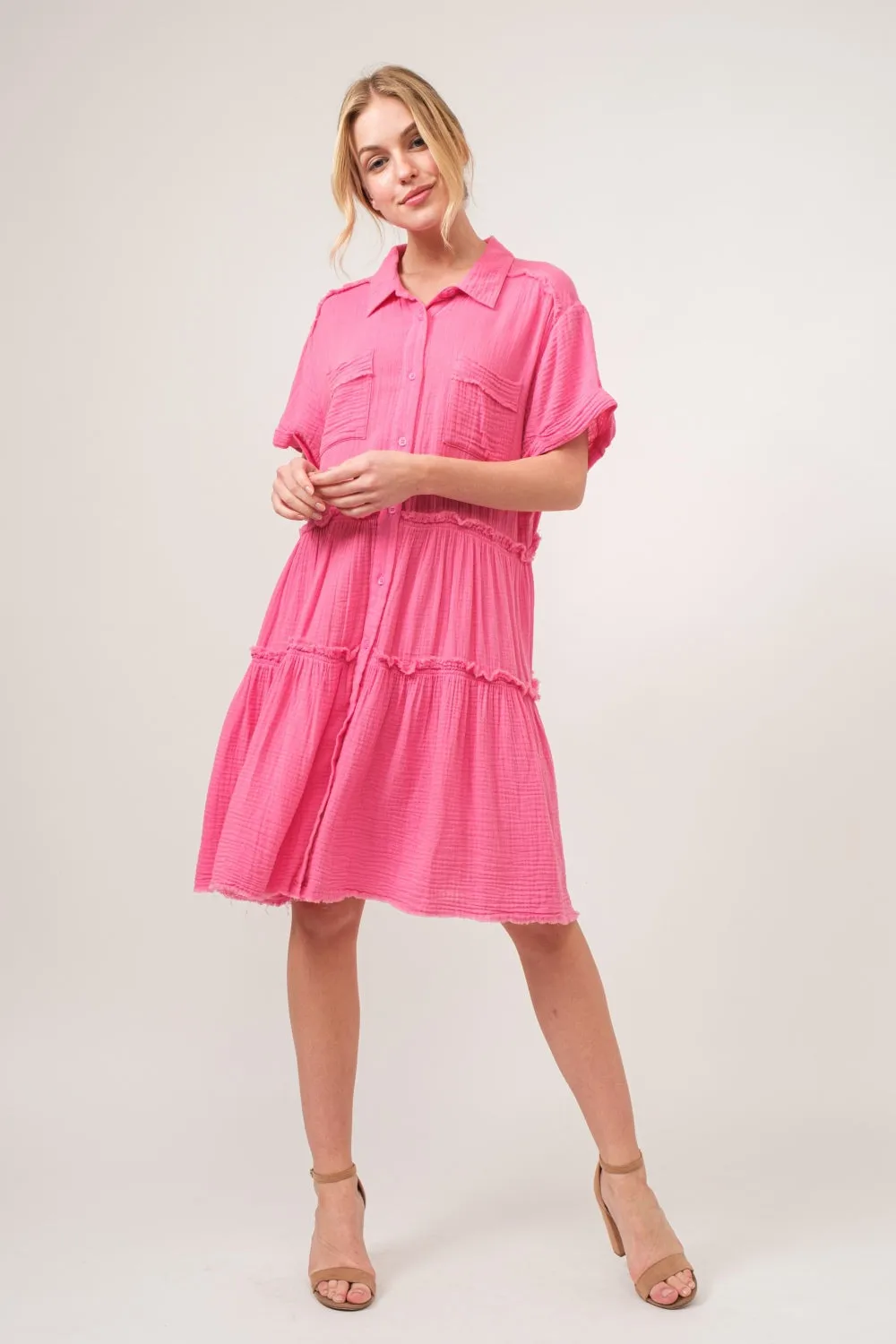 Blue Zone Planet |  And The Why Full Size Raw Edge Washed Tiered Shirt Dress