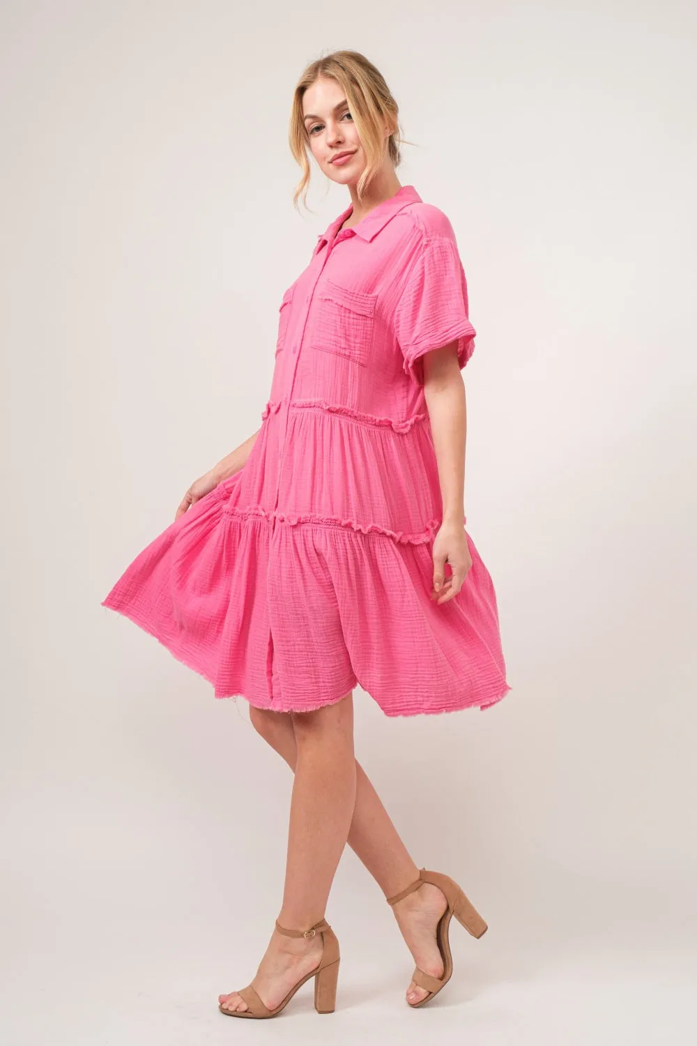 Blue Zone Planet |  And The Why Full Size Raw Edge Washed Tiered Shirt Dress