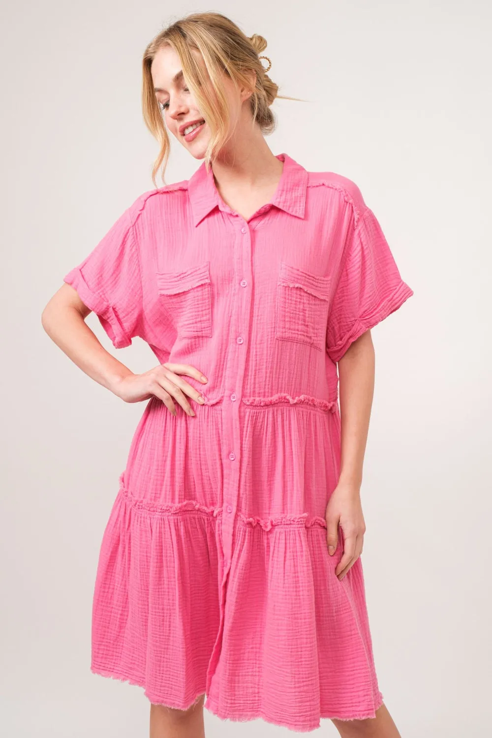 Blue Zone Planet |  And The Why Full Size Raw Edge Washed Tiered Shirt Dress
