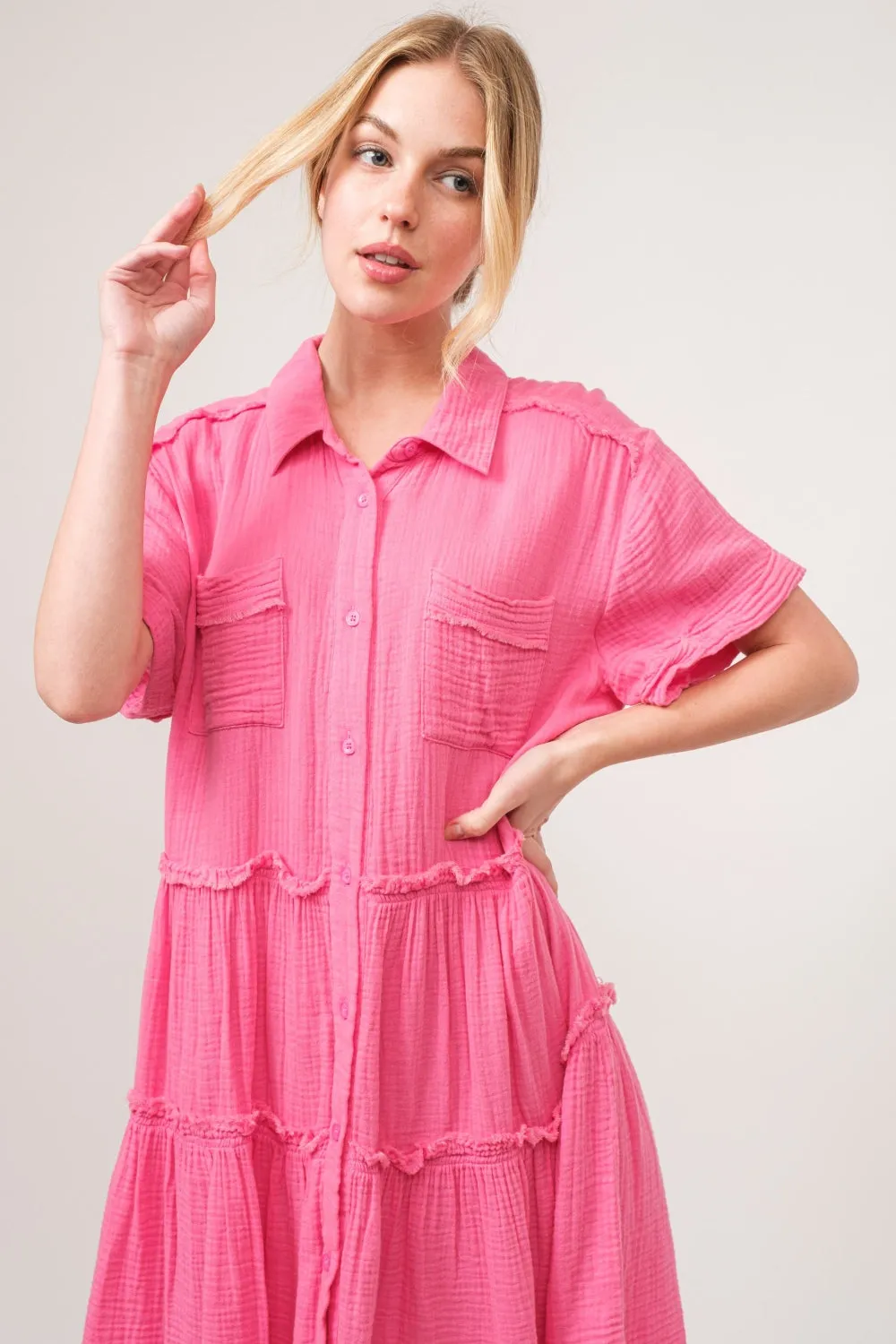 Blue Zone Planet |  And The Why Full Size Raw Edge Washed Tiered Shirt Dress