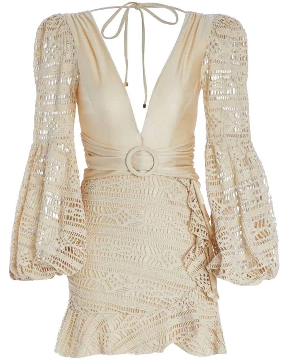 Bone Crochet Plunge Mini Dress
