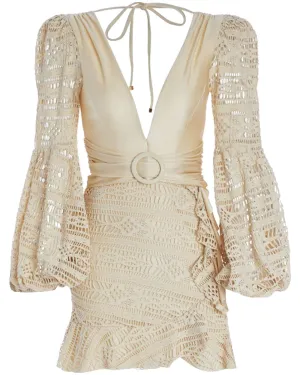Bone Crochet Plunge Mini Dress