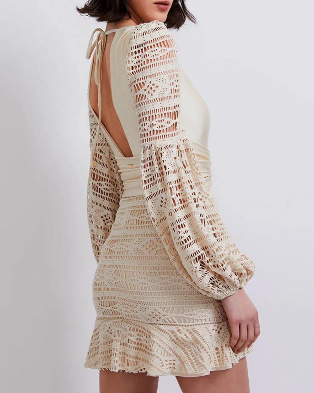 Bone Crochet Plunge Mini Dress