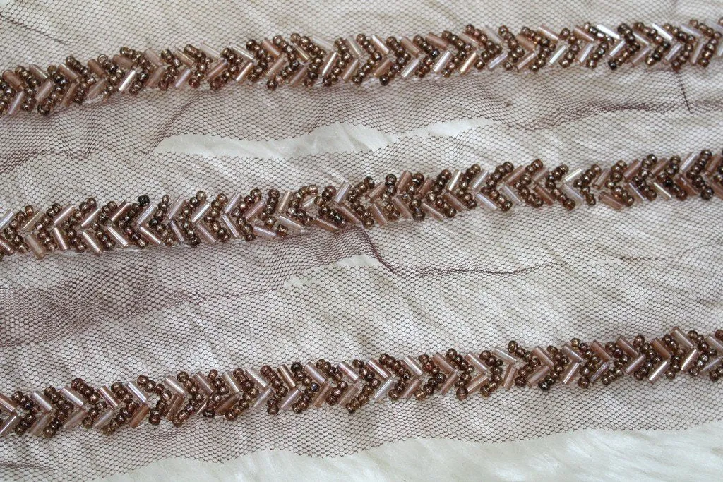 Brown Embellished Hand Beads Work Embroidered Lace