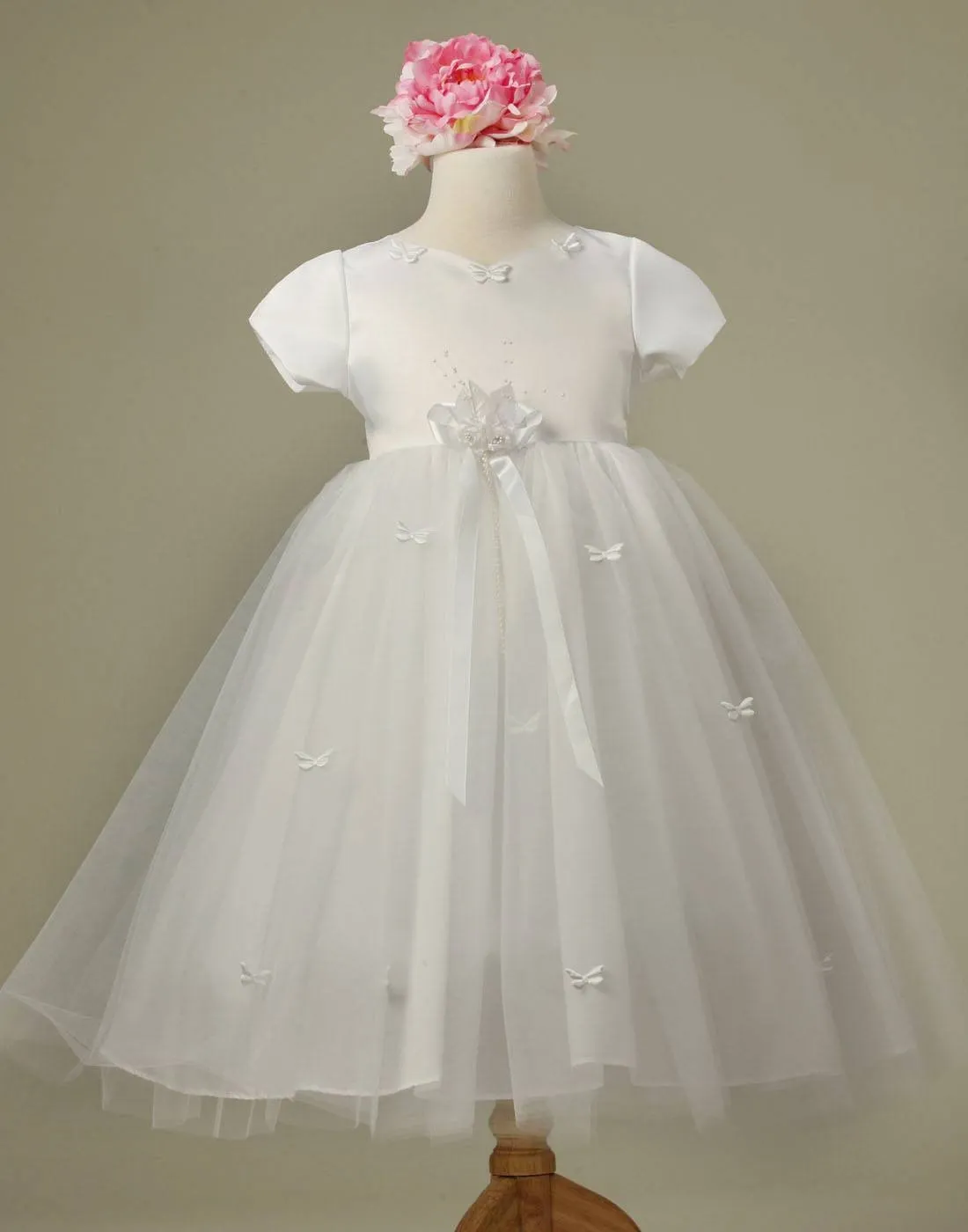 Butterfly Adorned Tulle and Satin Dress with a matching Bow Clip - White