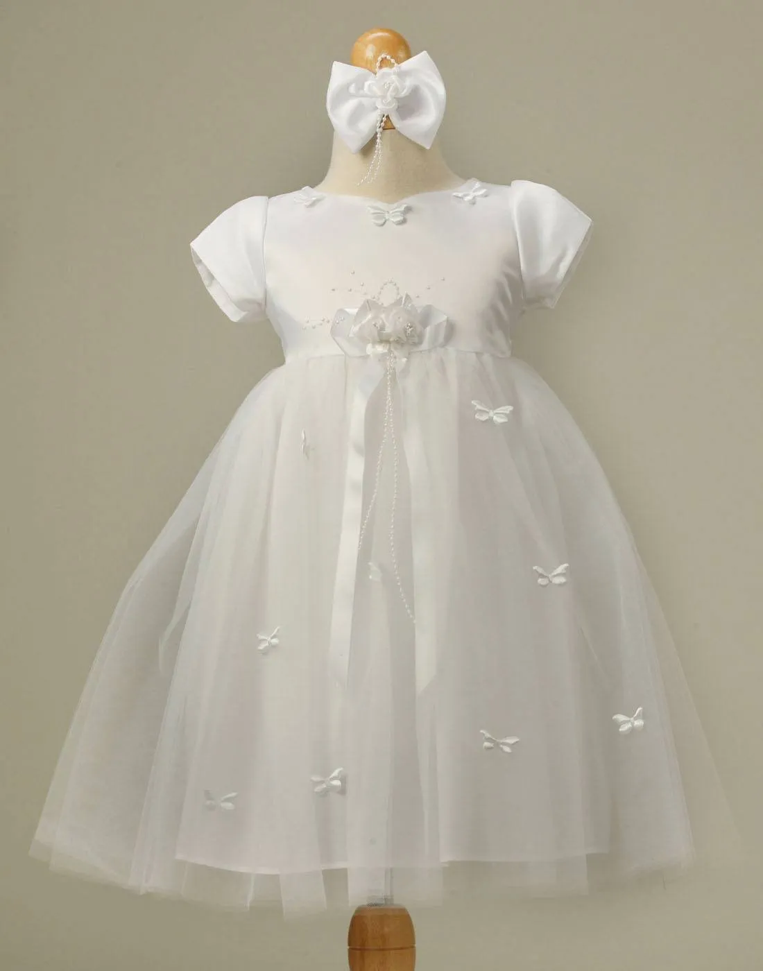 Butterfly Adorned Tulle and Satin Dress with a matching Bow Clip - White