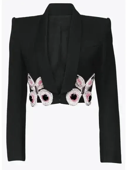 Butterfly-Embroidered Cropped Blazer and Mini Skirt Set in Black