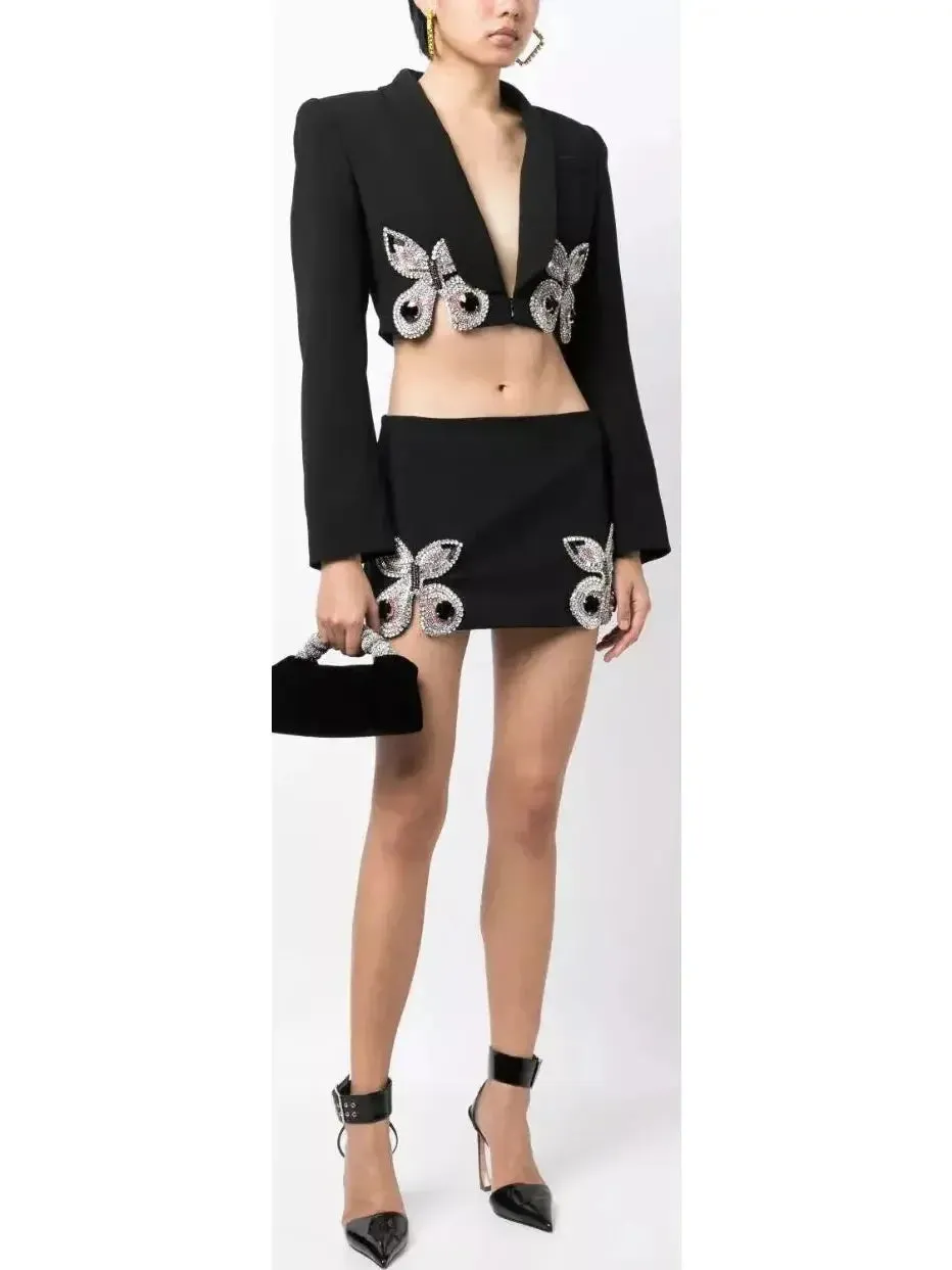 Butterfly-Embroidered Cropped Blazer and Mini Skirt Set in Black