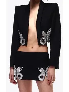 Butterfly-Embroidered Cropped Blazer and Mini Skirt Set in Black