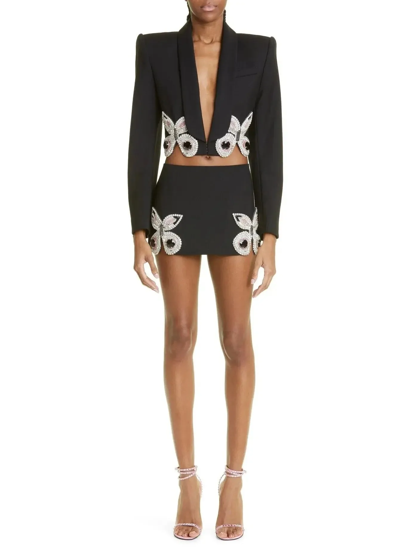 Butterfly-Embroidered Cropped Blazer and Mini Skirt Set in Black