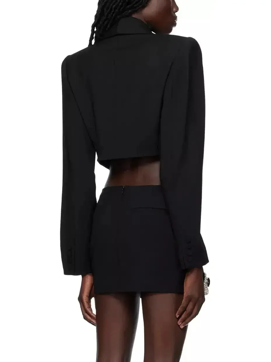 Butterfly-Embroidered Cropped Blazer and Mini Skirt Set in Black