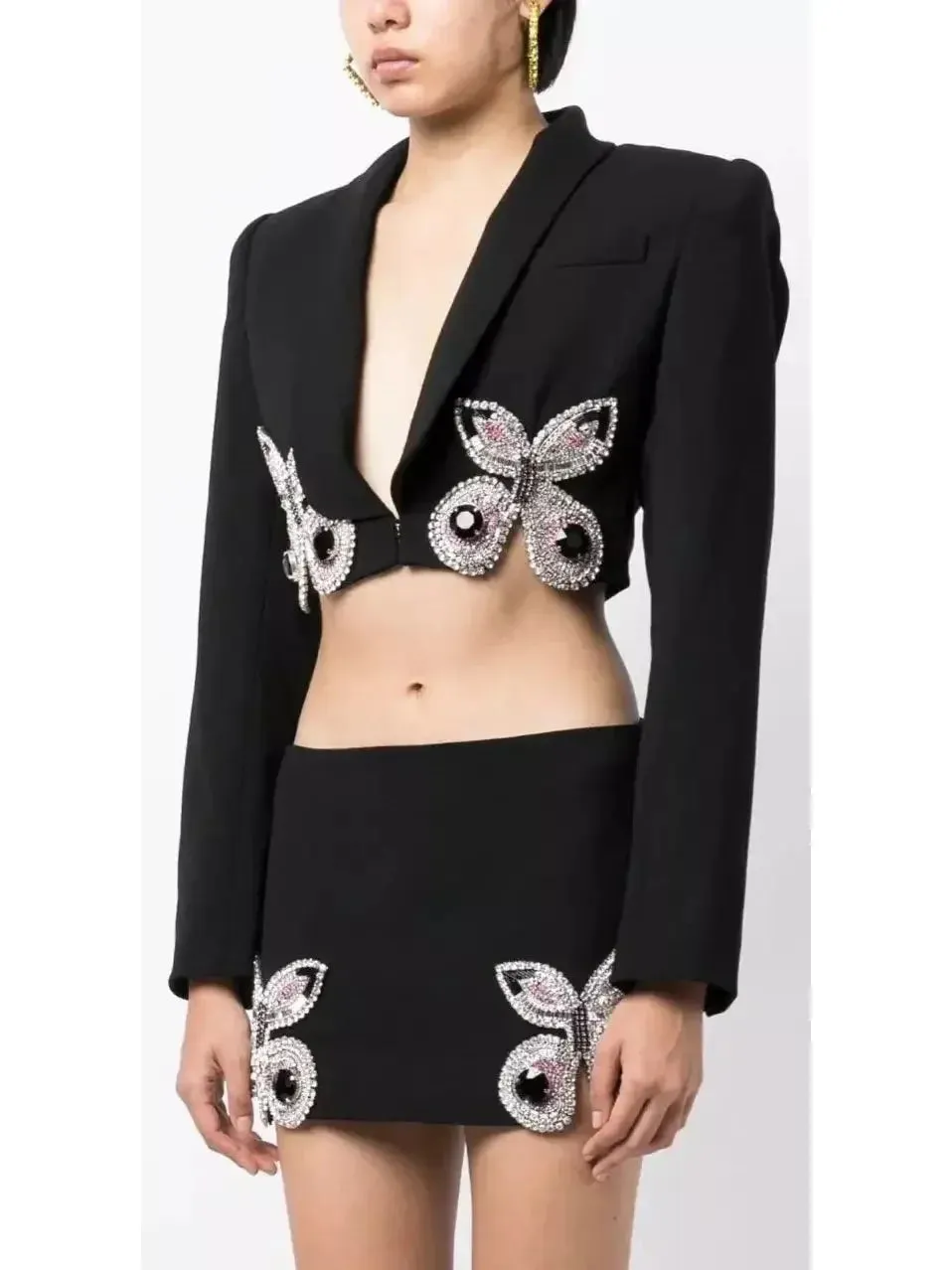 Butterfly-Embroidered Cropped Blazer and Mini Skirt Set in Black