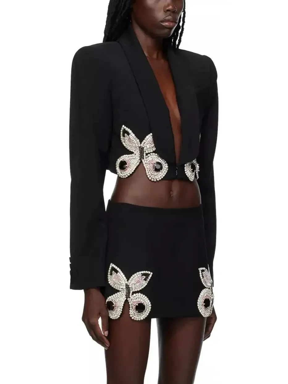 Butterfly-Embroidered Cropped Blazer and Mini Skirt Set in Black