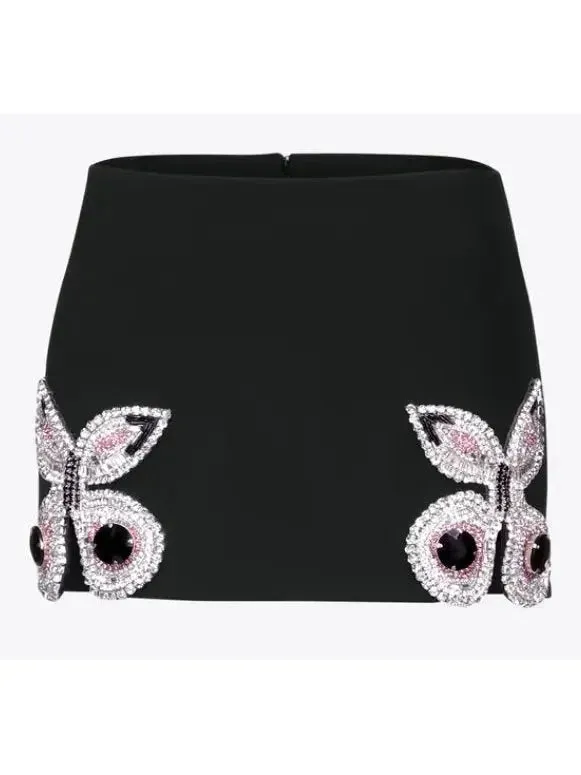 Butterfly-Embroidered Cropped Blazer and Mini Skirt Set in Black